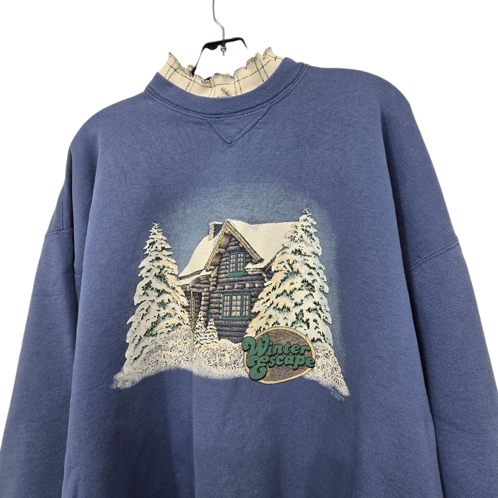 Vintage 1994 Winter Escape Ruffle Neck Sweatshirt Womens XL Blue Cabin Grandma